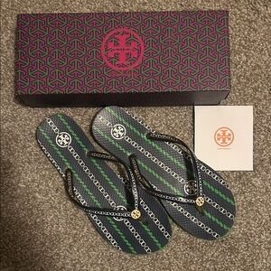 Tory Burch Navy and Green Flip Flops
